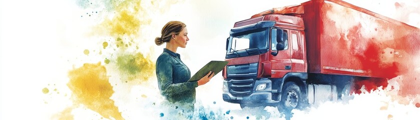 Woman Signing Delivery Documents with Semi Truck Watercolor Illustration