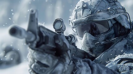 Fototapeta premium Frozen Soldier: A Close-Up of a Military Combatant in the Snow