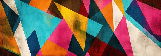 Fototapeta premium Abstract geometric shapes with colorful texture in shades of blue, green, yellow, orange. Elegant, modern design with botanical elements, palm trees, leaves. Geometric patterns, shapes in digital art