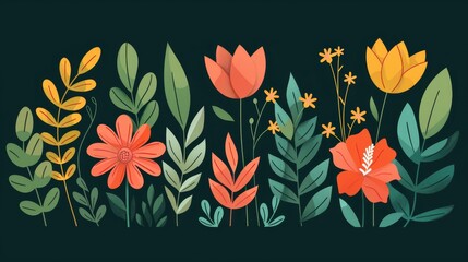 Colorful Floral Pattern with Red  Yellow and Green Flowers on Black Background