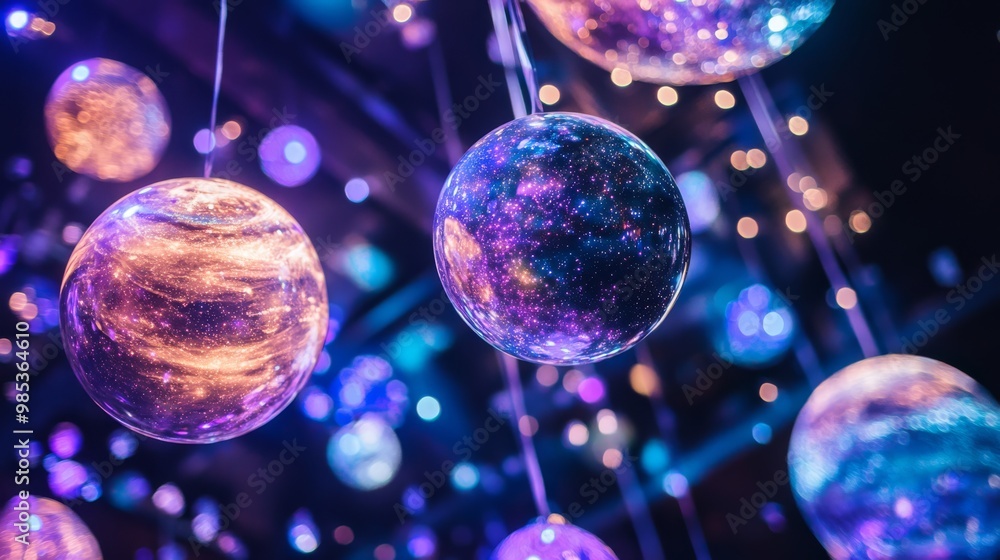 Poster a mesmerizing display of hanging celestial spheres, illuminated with vibrant colors, creating a drea