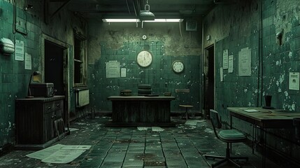 Abandoned Office Interior with Green Tiles and Dim Lighting