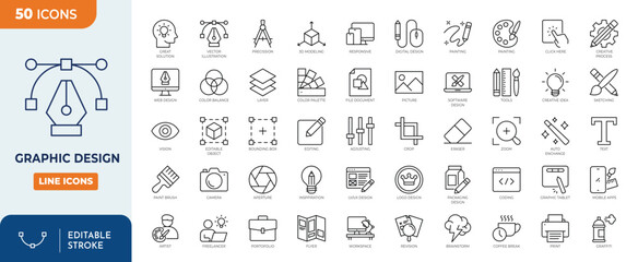 Graphic Design icon set. Contains such icons as Creativity, Layout, Mobile App Design, Art Tools, Drawing Tablet, Typography, and more. Outline Icon Collection. Vector illustration. Editable stroke