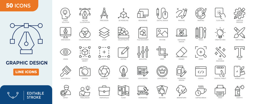 Graphic Design icon set. Contains such icons as Creativity, Layout, Mobile App Design, Art Tools, Drawing Tablet, Typography, and more. Outline Icon Collection. Vector illustration. Editable stroke