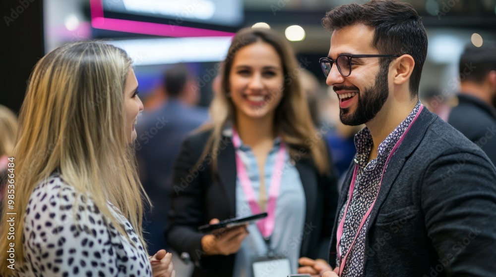 Poster the image shows three professionals engaged in a lively conversation at an event, showcasing network