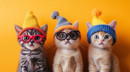 Fototapeta premium Adorable Scottish Fold kittens in playful, wild costumes on a bright orange backdrop with copy space for party banners or ads.