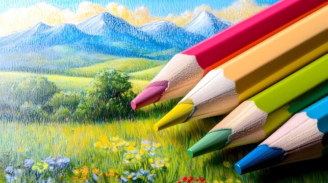 Colored Pencils Over Landscape Painting.