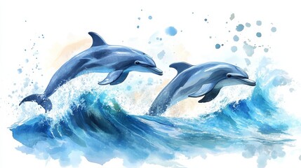 Watercolor Dolphin Duo Jumping in Ocean Waves