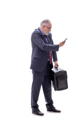 Old businessman with suitcase isolated on white