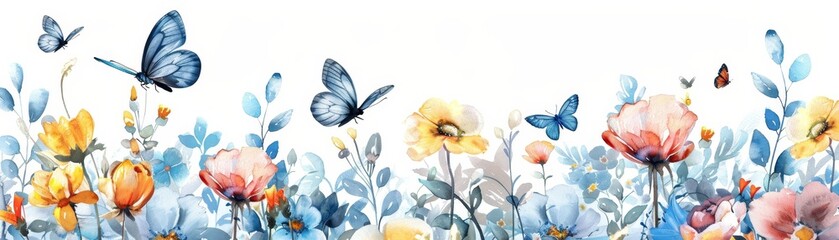 Watercolor Floral Border with Butterflies and Flowers