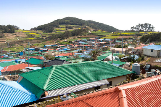 Cheongsan-myeon, Cheongsando Island, Wando-gun, Jeollanam-do, South Korea - October 15, 2013: Roof top of houses at Dang-li Village in spring