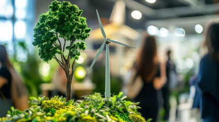 A miniature landscape featuring a tree and wind turbine, highlighted at an event promoting sustainability and renewable energy.