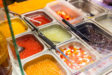 Taiwan assorted sweet dessert topping with shaved ice sell in the street market