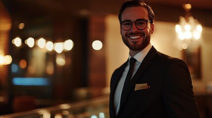 Fototapeta premium A smiling man in a suit stands confidently in a warm, elegantly lit indoor setting, highlighting sophistication and charm.