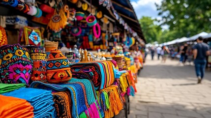 Fototapeta premium Colorful scarves and textiles sway gently at a vibrant outdoor market stall.