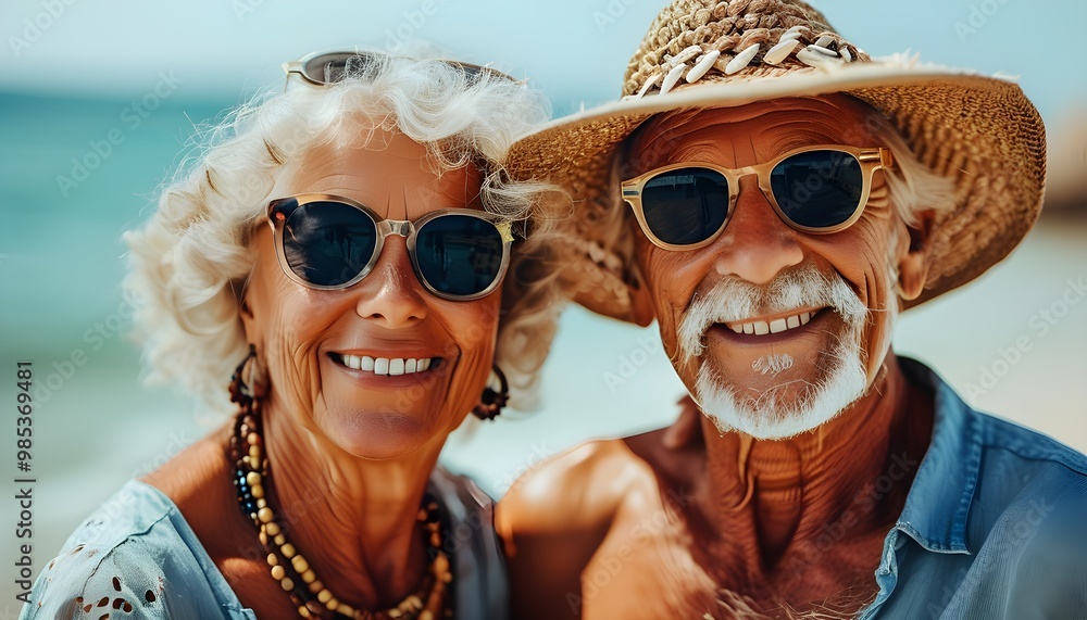 Sticker joyful seniors enjoying summer vacation together in stylish sunglasses