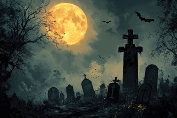 A graveyard with a large moon in the sky