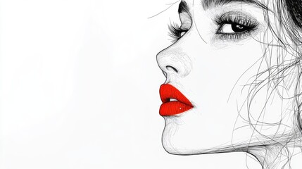 Elegant Portrait of a Woman with Red Lips - Artistic Line Drawing on White Background
