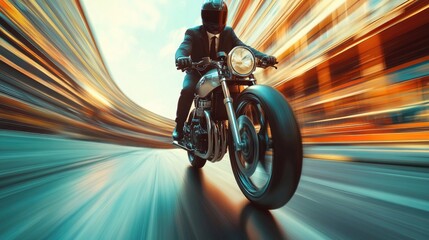 Naklejka premium Businessman Riding Retro Motorcycle on Busy City Street at High Speed with Motion Blur