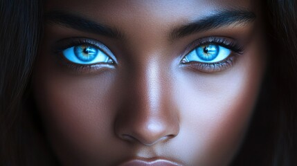 Primer plano de un rostro femenino con ojos azules brillantes e intensos en un enfoque detallado