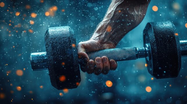 Muscular Arm Lifting Dumbbell in Intense Workout with Dramatic Lighting and Water Splash