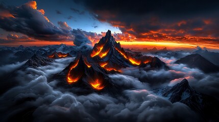 Lava erupts from a volcanic peak, the sunset sky aflame with clouds and molten fire.