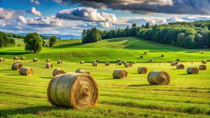 Rolled hay bales scattered across a green pasture on a dairy farm, dairy farm, agriculture