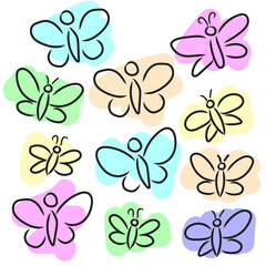 Obraz premium Butterfly insect icons set. Doodle sketch style. Outline set of butterfly with simple colored background. For cards, logo, decorations, invitations, web design, stickers