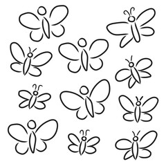 Fototapeta premium Butterfly insect icons set. Doodle sketch style. Outline set of butterfly insect icons isolated on white background. For cards, logo, decorations, invitations, web design, stickers, coloring book