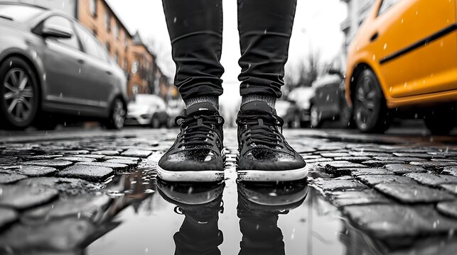 Black sneakers reflect perfectly in a puddle on a cobblestone street, capturing a fleeting moment.