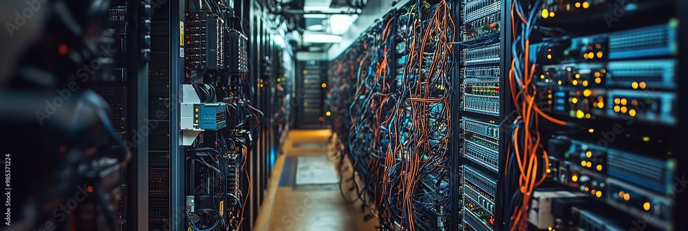 Poster a photo of an advanced data center with rows of high-tech server racks