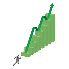 Professional  businessman running towards a growing stack of banknotes with a green arrow, highlighting financial success, investment strategies, and the rising global economy for business visuals