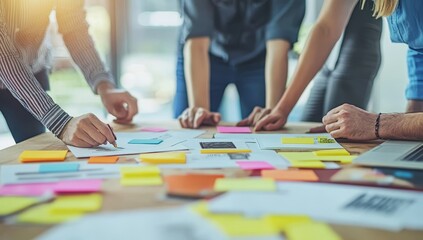 A group of people collaborating on a project, working with sticky notes and papers on a table.