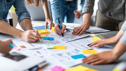 Close-up of a group of people working together on a project, brainstorming and drawing ideas on paper with sticky notes.