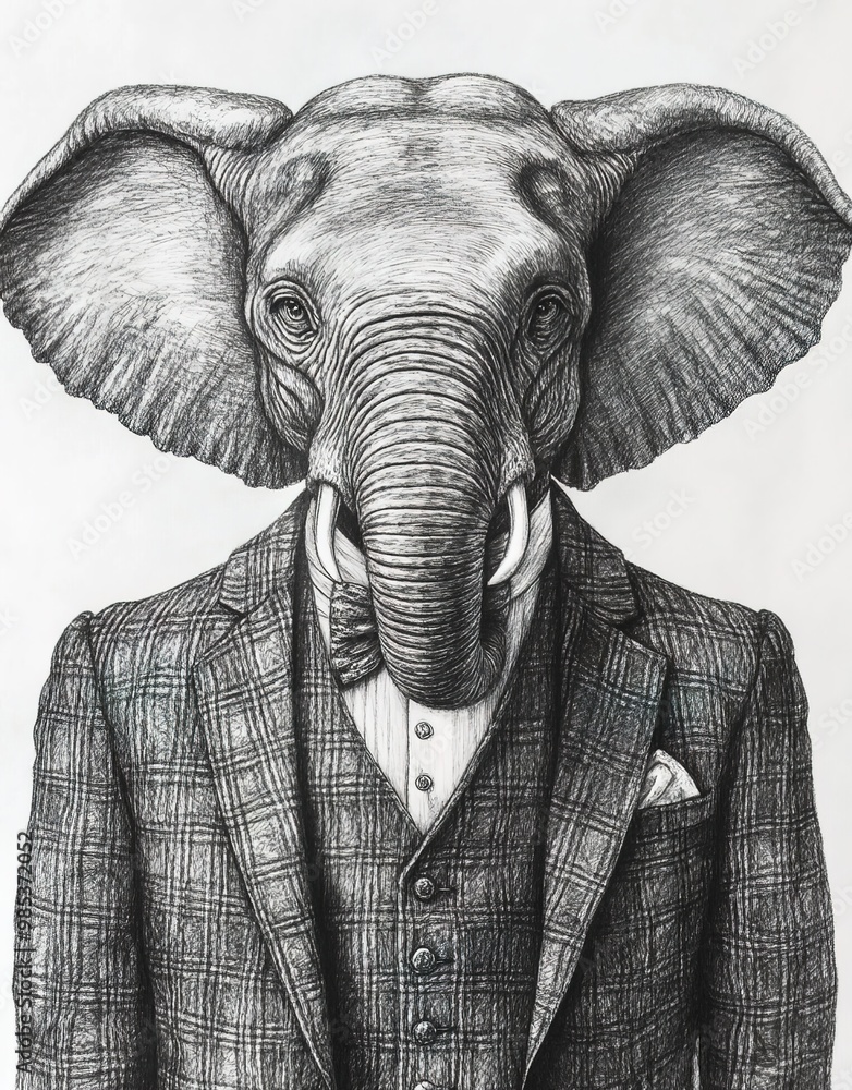 Wall mural A black and white drawing of an elephant wearing a three-piece suit, portrait style, on a white background 