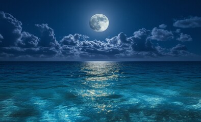 Full moon shining over a calm ocean with clouds in the night sky.