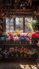 Fototapeta premium Highangle shot of a flower shop filled with bouquets of colorful blooms with sunlight streaming through the windows and a rustic wooden counter
