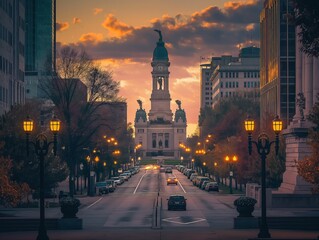Obraz premium Soldiers and Sailors Monument in Indianapolis city, USA. Historic landmark building architecture. Outdoor view of monument with steps, entrance, and surrounding area.