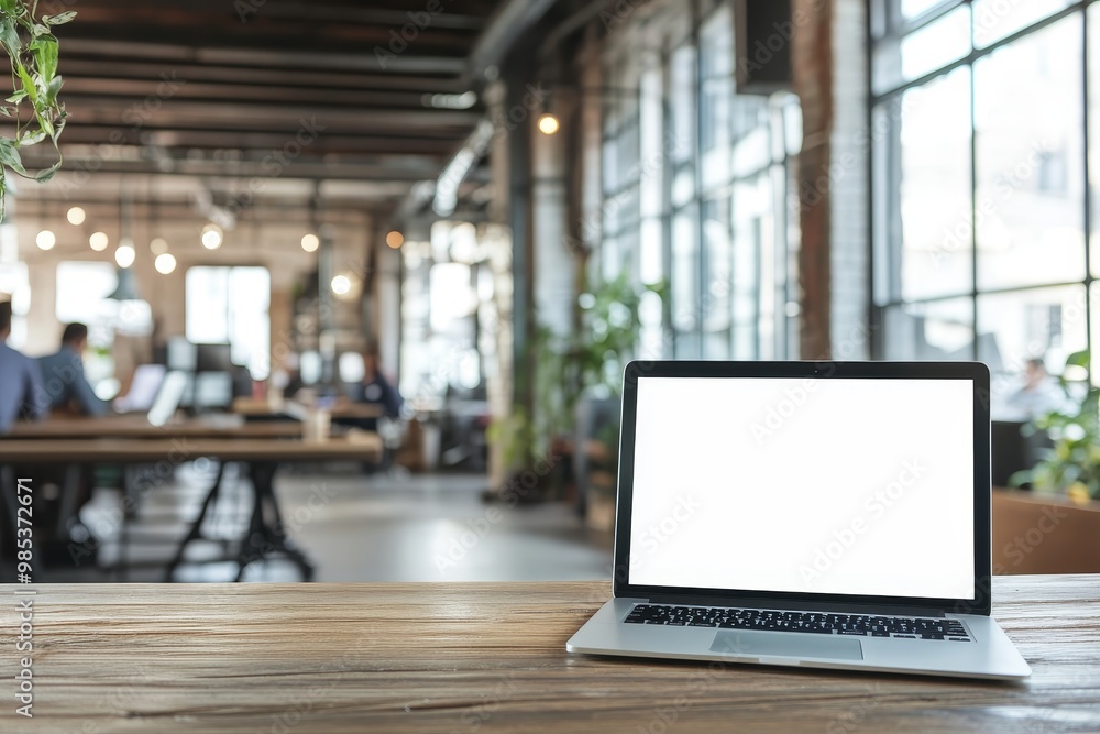 Poster a laptop with a blank screen sits on a wooden table in a modern office with a blurred background of 