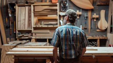 A man in a plaid shirt stands in a wood shop looking at a piece of wood
