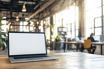 Laptop with Blank Screen on Wooden Table in Modern Office.