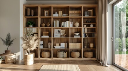 A large wooden bookshelf filled with books and decorative items