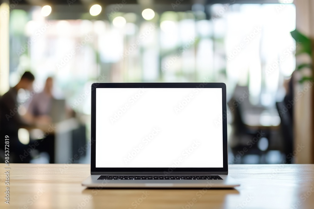 Poster open laptop with a white screen on a wooden table in a blurred cafe background.