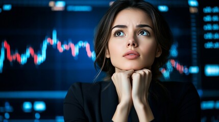 Obraz premium A businesswoman looking at a stock market graph in free fall, his face showing disbelief, symbolizing the collapse of financial markets