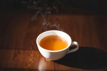 Obraz premium A steaming cup of hot tea served in a white ceramic cup on a wooden table, ideal for warm and cozy content. 