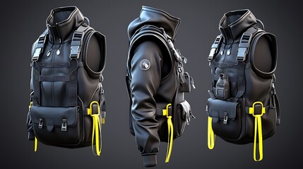 Naklejka premium A black tactical vest, accented by yellow straps, merges function with sharp style.