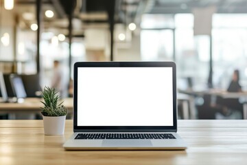 Open Laptop on Wooden Table with Blurred Background.