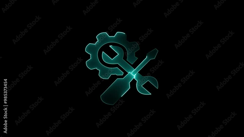 Poster abstract neon setting icon, cogwheel with wrench spanner symbol animation. animated icon for mechani