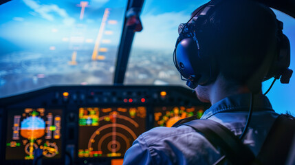 Pilot wearing headset, intently observing flight simulator screen with virtual cockpit and moving map, representing aviation training and skill enhancement in a professional setting