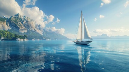 A sailboat is floating on a calm blue sea with mountains in the background